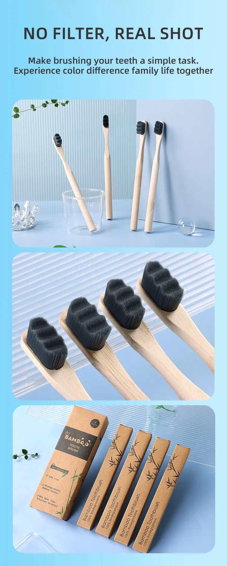 Natural Bamboo Toothbrush, 4 Pack.